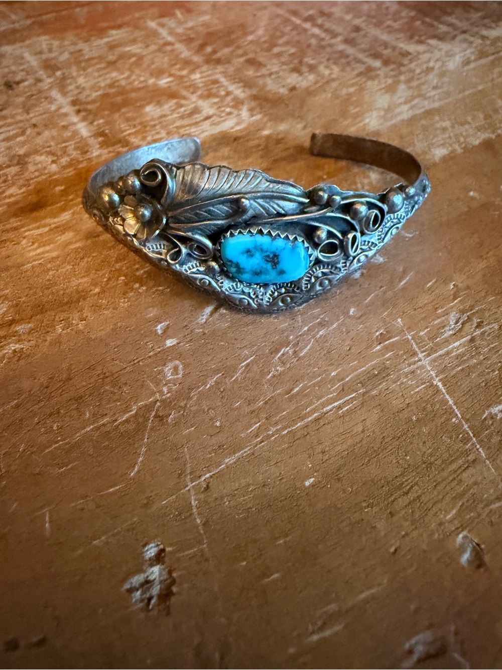 Turquoise Silver Leaf Cuff Bracelet - Women Jewelry